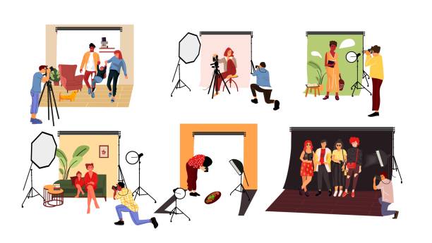 ilustrações de stock, clip art, desenhos animados e ícones de photographers in studio. cartoon models working at photo studio in different poses and with costumes. vector couple and family - dog set humor happiness
