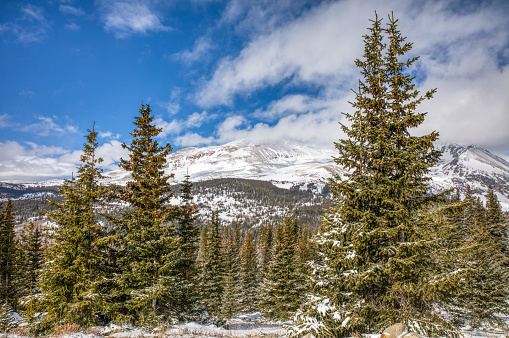 Snow covered mountain peaks and green pine trees under partly cloudy skies on a very cold mountain morning in Colorado