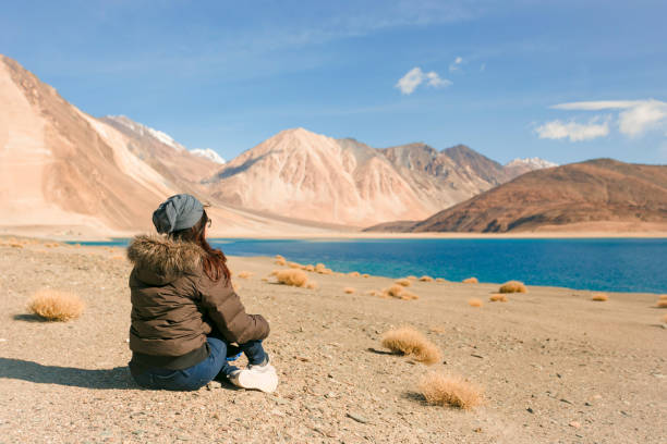 Young asian traveling in pingong lake, Ladakh India enjoy in pingong lake India ladakh region stock pictures, royalty-free photos & images