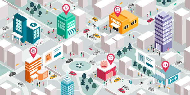 Isometric city map with people, buildings and pin pointers Isometric city map with people, buildings and pin pointers: promote your local business and GPS navigation concept shopping mall stock illustrations