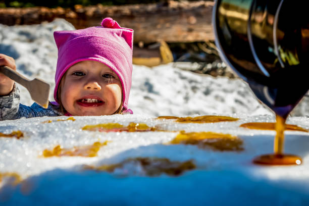 petite fille à une cabane à sucre. - maple syrup sugar shack photos et images de collection