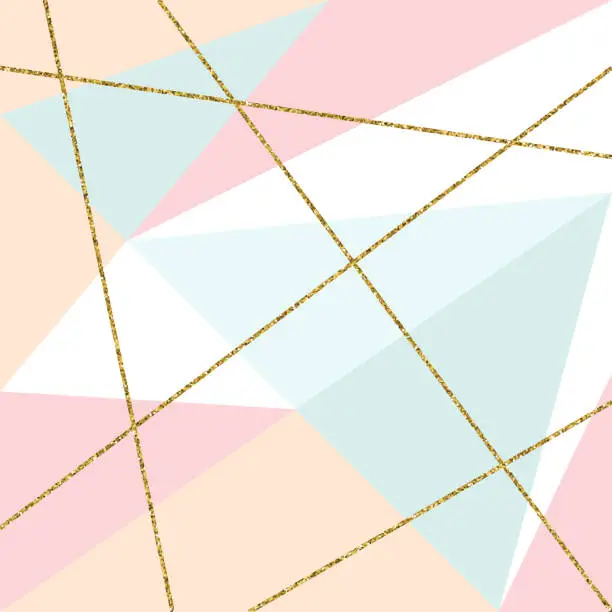 Vector illustration of Abstract Geometric Background with Gold Lines and Pastel Colored Triangles. Golden invitation, brochure or banner with minimalistic geometric style. Gold lines, Glitter, Frame, Vector Fashion Wallpaper, Poster