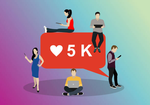 istock Social media bubble with heart symbol. Young people using mobile gadgets such as laptop, tablet pc and smartphone for networking and collecting likes and comments. Flat vector illustration 1197498764