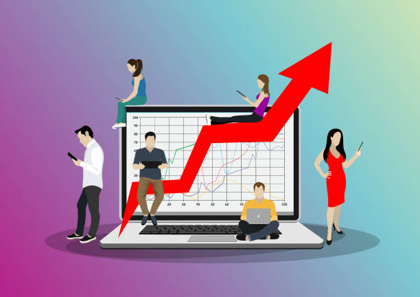 istock Business graph growth concept vector illustration of professional people working as team and sitting on growing chart. Flat people using laptops to develop business. White business background 1197499624