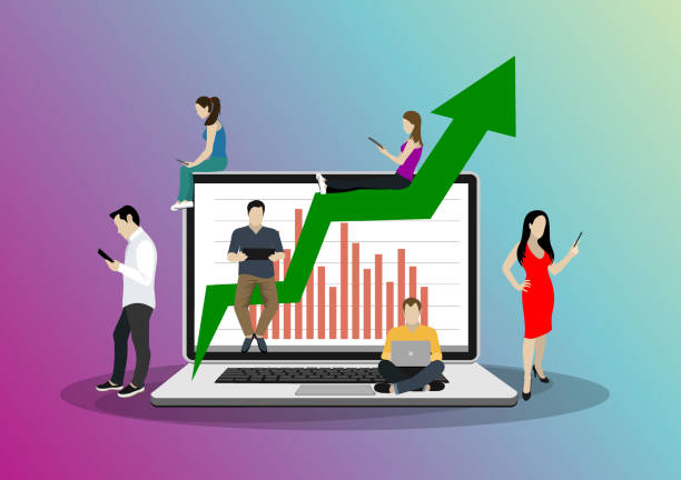 istock Business graph growth concept vector illustration of professional people working as team and sitting on growing chart. Flat people using laptops to develop business. White business background 1197500957