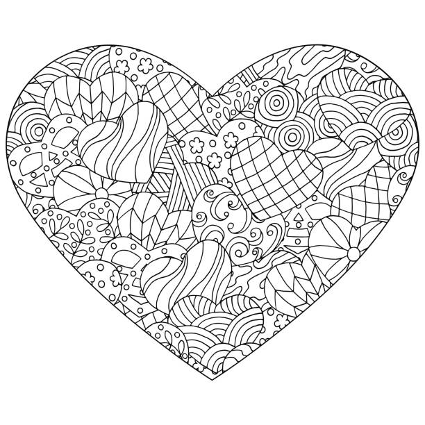 Vector abstract heart with hand-drawn patterns, coloring page Vector abstract heart with hand-drawn patterns , isolate on a white background, coloring page for children and adults coloring book cover stock illustrations