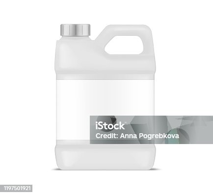 istock White plastic canister with blank label, vector mockup. Jug container with handle and screw cap, mockup. Large bottle package, template for design 1197501921