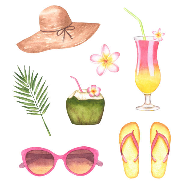 illustrations, cliparts, dessins animés et icônes de ensemble d'aquarelle d'accessoires de plage - party hat drink cocktail illustration and painting