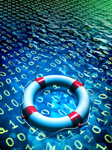Lifesaver floating in a binary data sea. Digital illustration