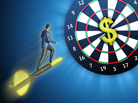 Businessman on a flying dart is hitting a board where the highest score is represented by a dollar. Digital illustration.