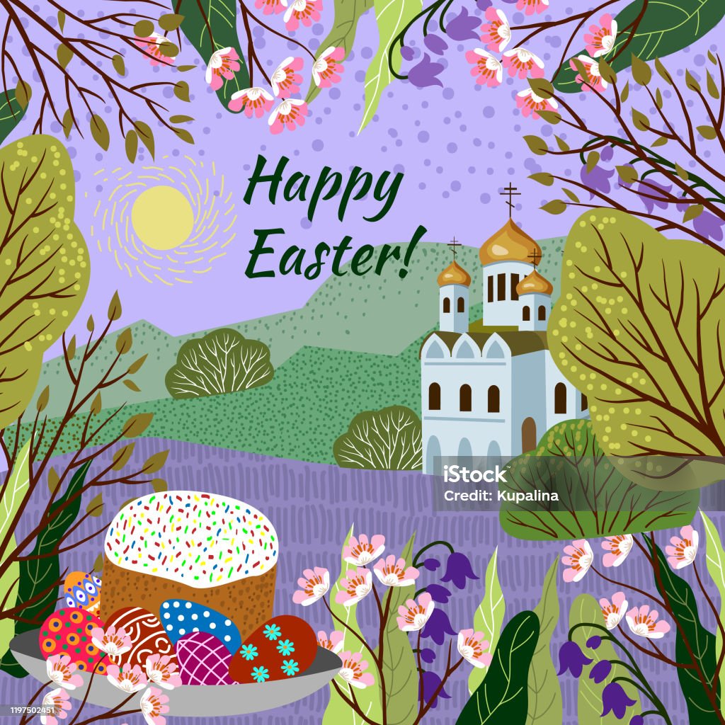 Easter. Vector cute illustration with nature landscape and church Happy Easter. Vector cute illustration with nature landscape and church Easter stock vector