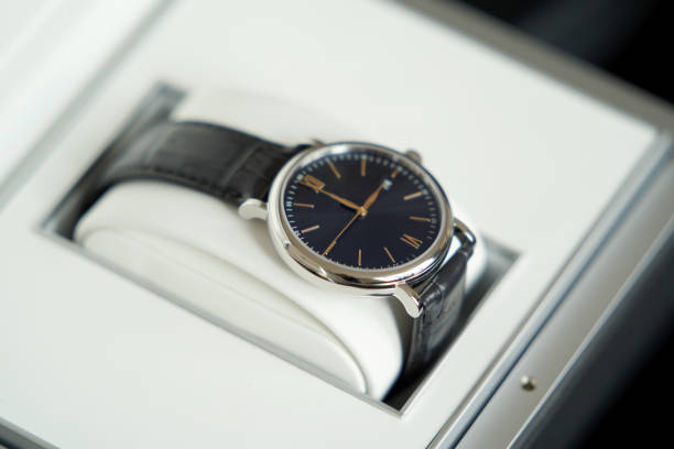 istock Silver Wrist watch with black leather belt, close-up. 1197503649