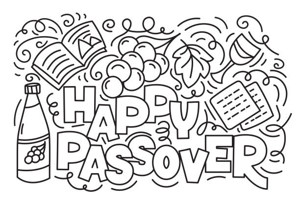 Jewish holiday Pesach Passover greeting card. Hebrew text: happy Passover. Black and white vector illustration doodle style. Isolated on white background. Coloring book page passover stock illustrations