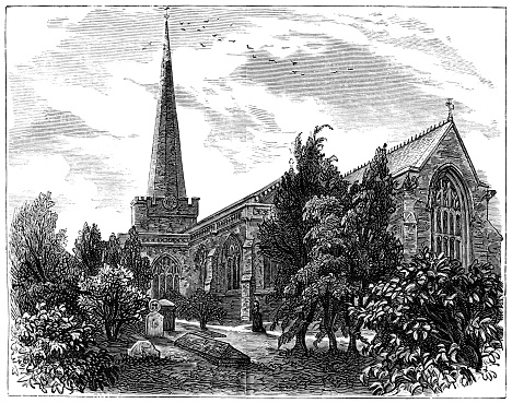 St Mary’s Church at the town of Bridgewater in Somerset, England. Vintage etching circa 19th century.