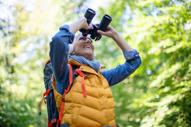 istock Senior women with binoculars in spring forest. 1197510600