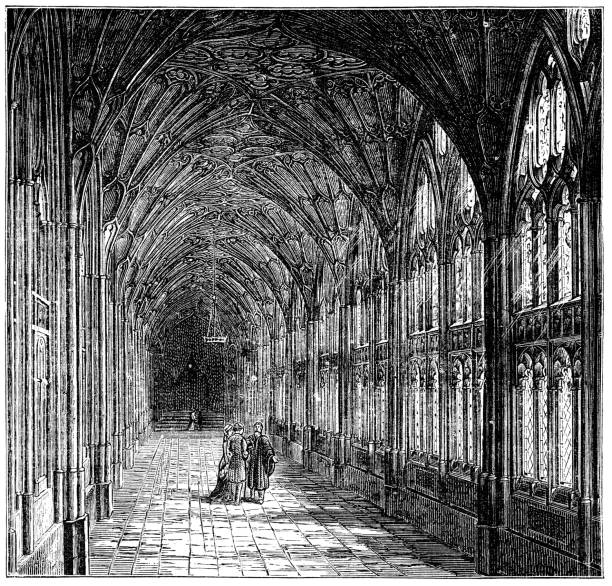 Cloister at Gloucester Cathedral in Gloucester, England - 19th Century Cloister at Gloucester Cathedral at the city of Gloucester in Gloucestershire, England. Vintage etching circa 19th century. cloister stock illustrations