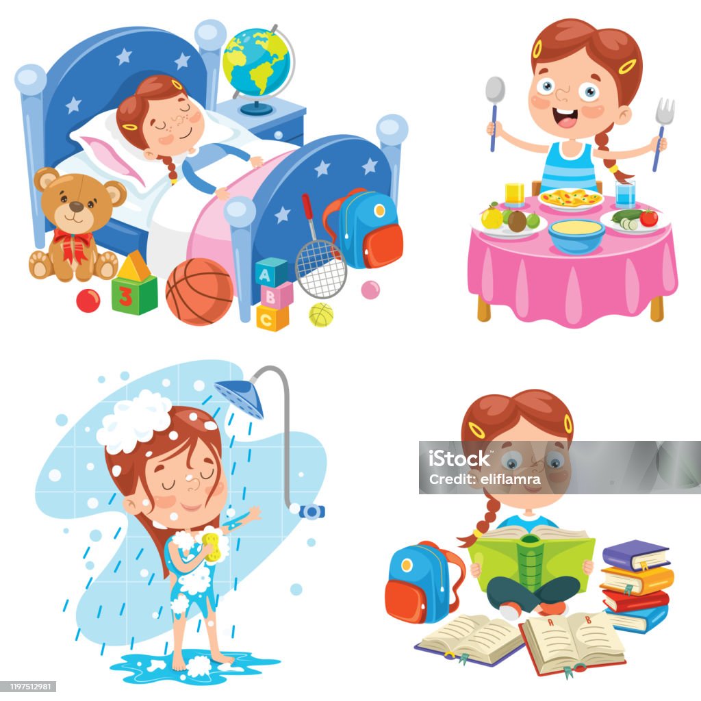 Simple Cartoon Making One Routine Little Kid Making Daily Routine Activities Stock Illustration ...
