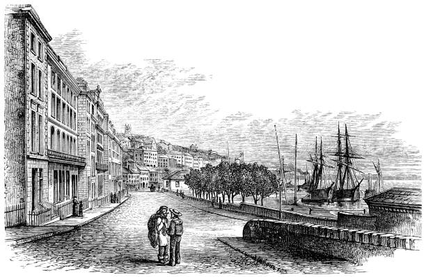 The Town of Cobh in County Cork, Ireland - 19th Century The town of Cobh on Great Island in County Cork, Ireland. Vintage etching circa late 19th century. cobh ireland stock illustrations