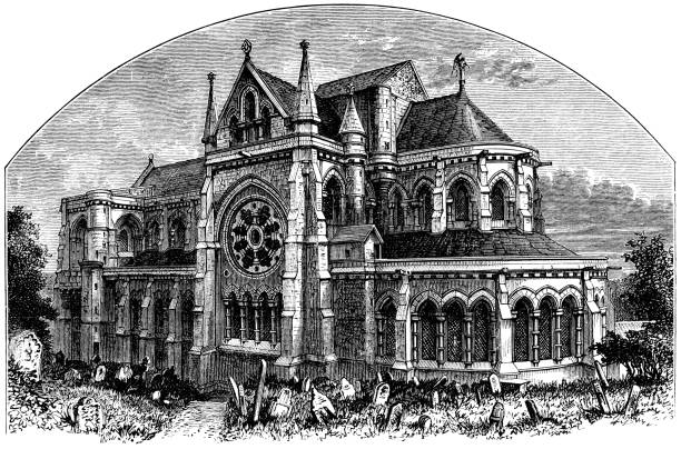 Saint Fin Barre's Cathedral (unfinished) in Cork, Ireland. Vintage etching circa late 19th century. The cathedral was not finished yet, started in 1862. The 3 large spires would be erected in 1879.