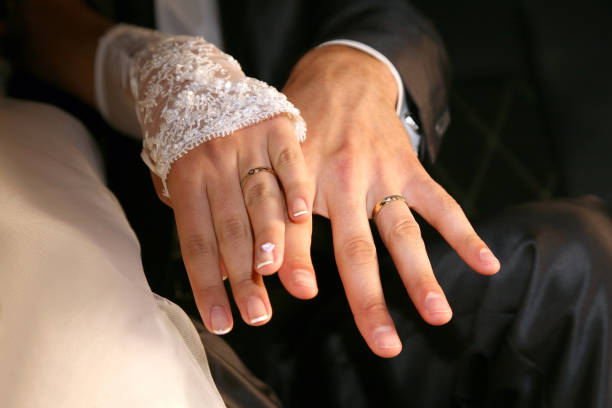 istock bride and groom show their hands wearing wedding rings 1197516237