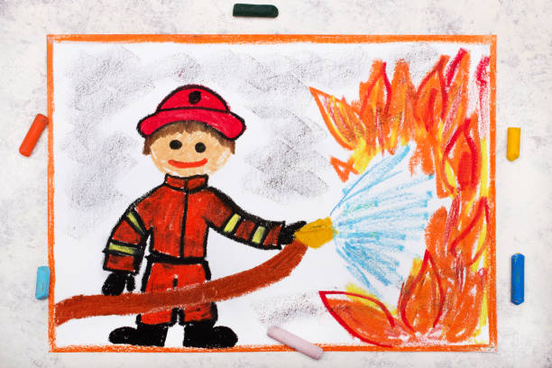 Foto de Foto Do Desenho Colorido Bombeiro De Sorriso Que Usa A Água À Luta  Com Fogo Bombeiro Na Ação e mais fotos de stock de Criança - iStock