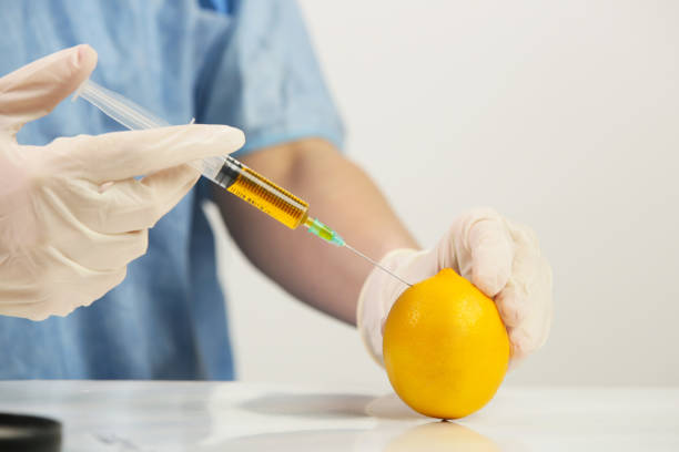 closeup of needle injected into orange, genetically engineered food concept - injecting healthy eating laboratory dna imagens e fotografias de stock