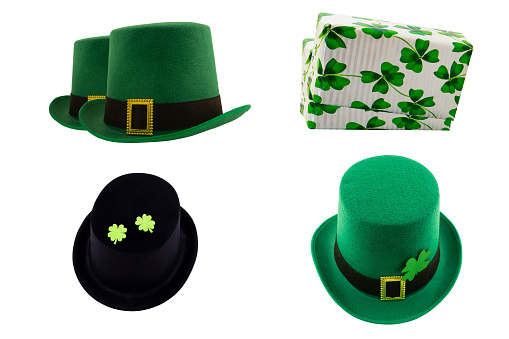 St. Patrick's set of hat green and black, gift box symbol festive on an isolated background