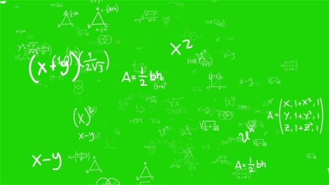 Camera flies through math formulas on background. Math calculations functions equations. Matrix made up of formulas. Abstract cognitive process concept. Seamless loop. Greenscreen chromakey