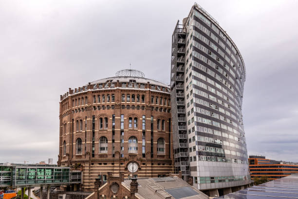 View to the cupola of the 1909 built old gasometer in Connewitz, which was redesigned at the beginning of the 21st century into an exhibition space for large panoramic pictures. As the „Leipzig Panometer“ it is one of the cultural attractions of the city today.