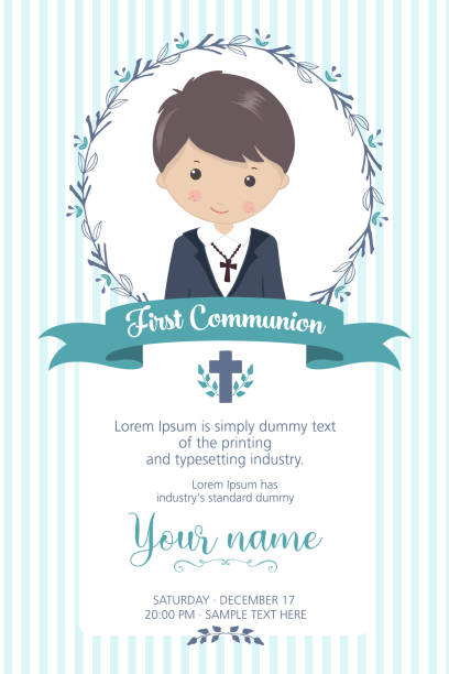 First communion boy invitation First communion boy. Child with communion dress and flower frame, in green and blue tones communion stock illustrations
