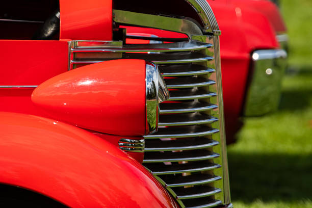 istock Antique American red pickup car front 1197533942