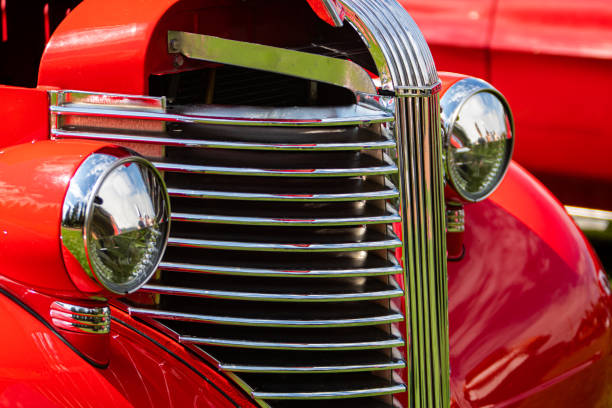 istock Antique American red pickup car front 1197534012