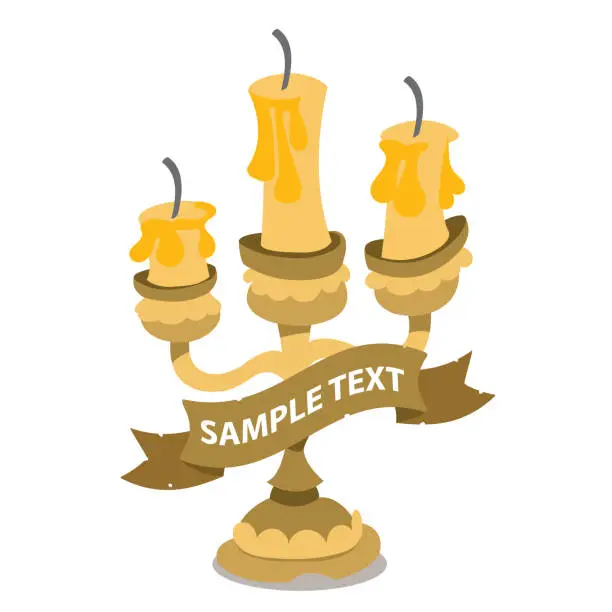 Vector illustration of Candlestick on three candles with ribbon banner. Vintage household items.