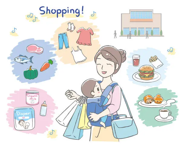 Vector illustration of Young woman visit shopping mall with her baby.