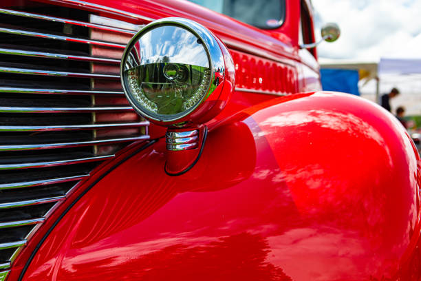 istock Antique American red pickup car front 1197538212