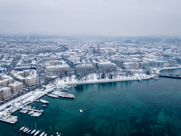 beautiful snow covered Geneva city in Winter time stock photo