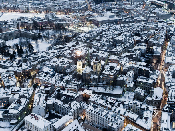istock aerial view snow covered old city Geneva 1197538563