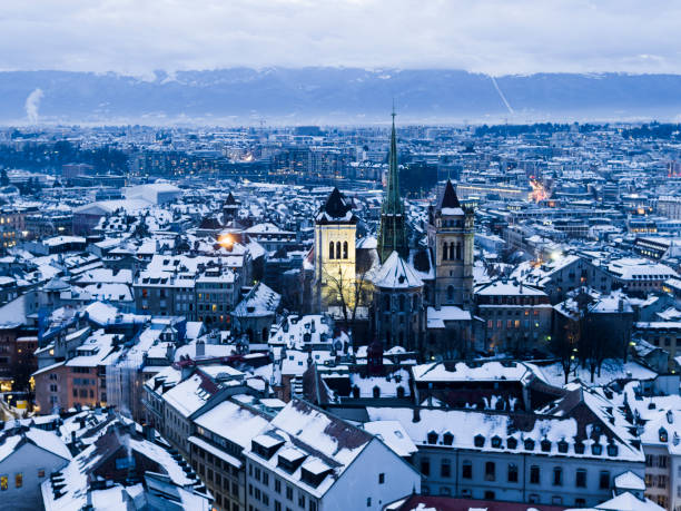 istock aerial view snow covered old city Geneva 1197538631