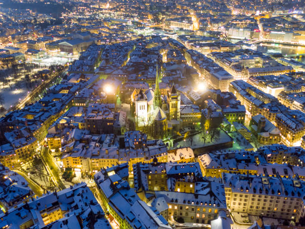 istock aerial view snow covered old city Geneva 1197538675