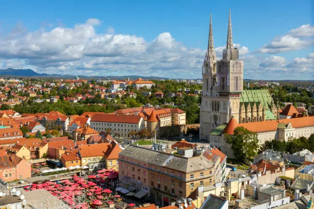 Aerial view of the Zagreb Cathedral and Dolac market.
