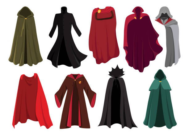 Vector set of cloaks. Cloaks party clothing and capes costume set. Cloaks. Carnival clothes. Costumes from famous movies. Red cape super heroes, lothing characters from the comics. Gladiator, wizard, elf. hood clothing stock illustrations