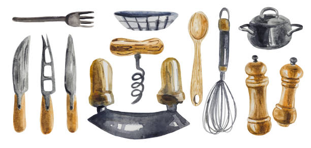 ilustrações de stock, clip art, desenhos animados e ícones de chef's watercolor set - knife table knife kitchen knife penknife