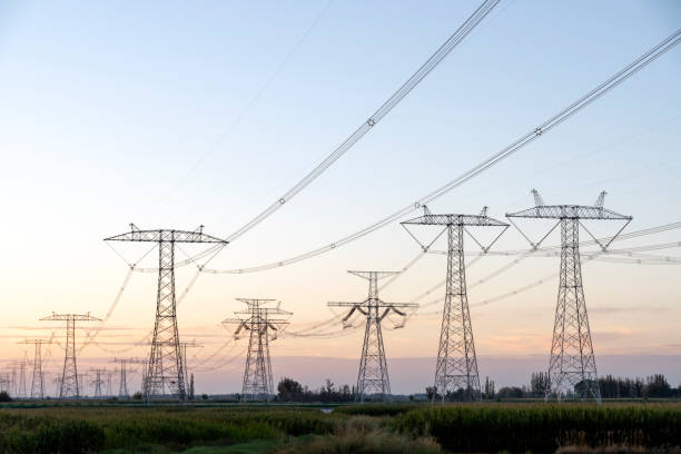 istock Pylons against a red sky in the morning 1197555804