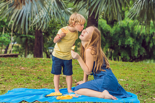 Mom and son had a picnic in the park. Eat healthy fruits - mango, pineapple and melon. Children eat healthy food.