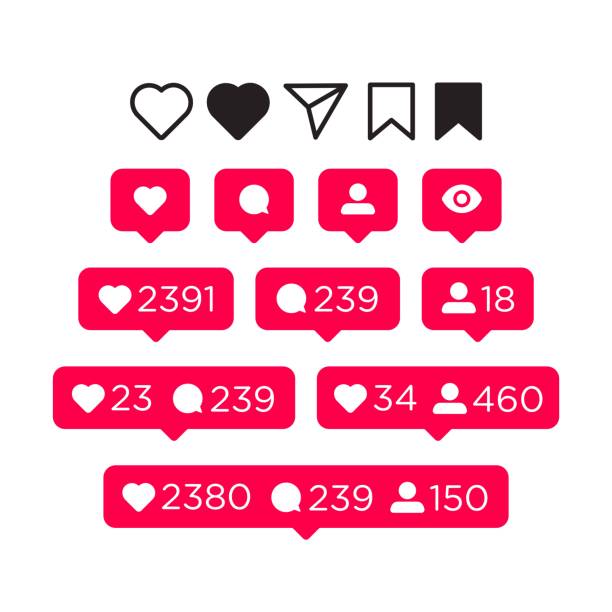 좋아요, 댓글, 팔로워 및 알림 아이콘 설정. 인터페이스에 대한 소셜 미디어 개념입니다. 흰색 배경에서 격리된 벡터 그림 - instagram stock illustrations