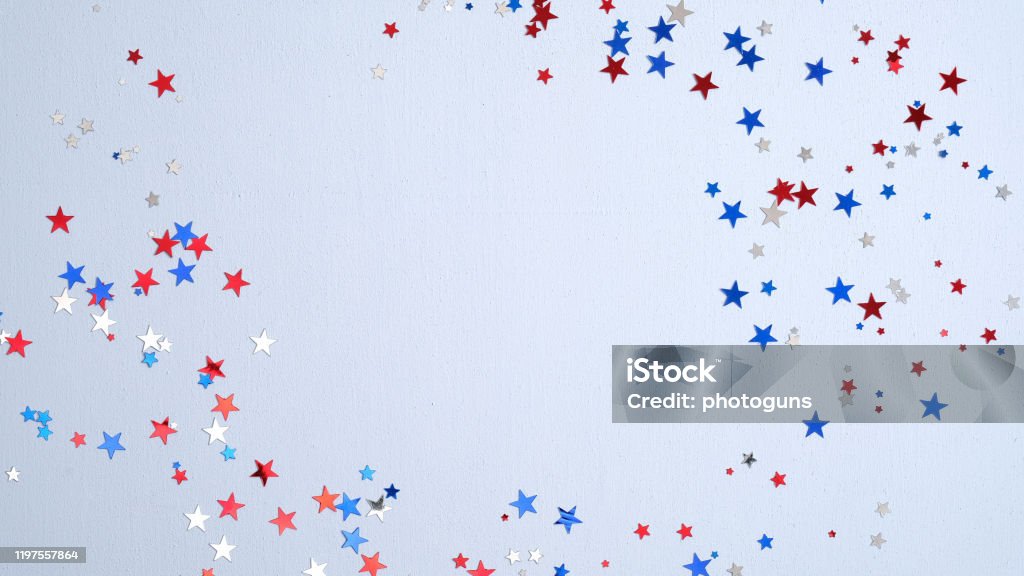 Independence day USA banner mockup with confetti stars in American national colors. USA Presidents Day, American Labor day, Memorial Day, US election concept. Star Shape Stock Photo