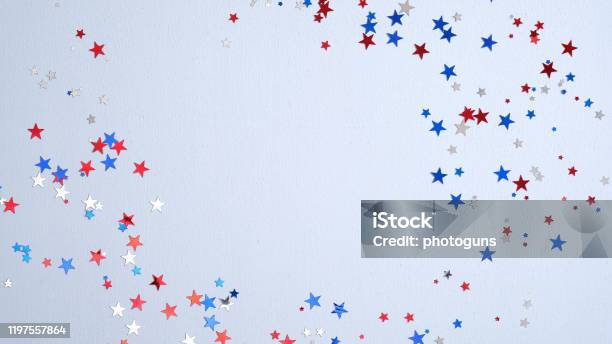 Independence Day Usa Banner Mockup With Confetti Stars In American National Colors Usa Presidents Day American Labor Day Memorial Day Us Election Concept Stock Photo - Download Image Now