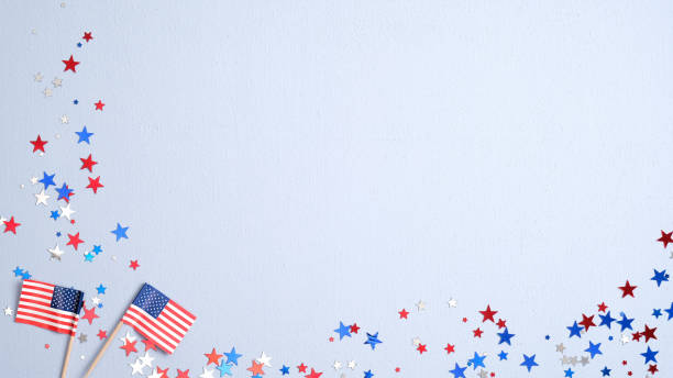 Happy Presidents Day banner mockup with American flags and confetti. USA Independence Day, American Labor day, Memorial Day, US election concept. Happy Presidents Day banner mockup with American flags and confetti. USA Independence Day, American Labor day, Memorial Day, US election concept. july photos stock pictures, royalty-free photos & images