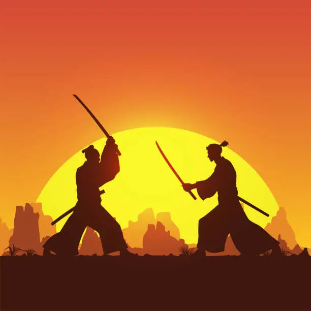 Vector illustration of Silhouette of two Japanese Samurai sword fighting, Vector Illustration