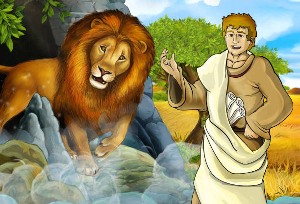 cartoon scene with greek or roman warrior or philosopher fighting nemean lion cartoon scene with greek or roman warrior or philosopher fighting nemean lion - illustration for children famous archer stock illustrations
